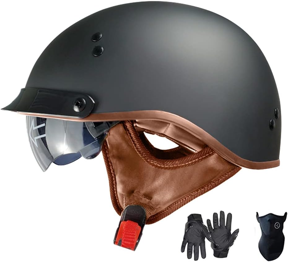 - Motorcycle Half Helmet with Retractable Inner Sun Shade Quick Release Buckle DOT Approved Half Face Cycling Helmets for Men Women Adult