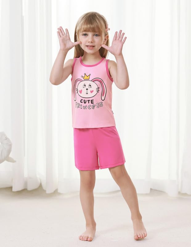 Little Boy Girl Pajamas Set Kids Unisex Sleeveless Shorts Sleepwear Summer Soft Cute Loose Pjs Viscose Bamboo,Barely Pink/Fuchsia Rose,6Y4