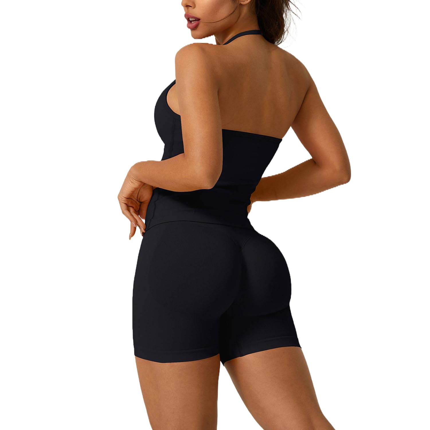 Conjunto de gimnasio sin costuras para mujer, 2 piezas, top corto halter, brasier deportivo, pantalones cortos ocultos, trajes de yoga, ropa deportiva