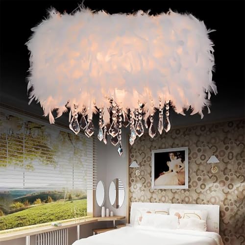 GUANSHAN Lámpara colgante de plumas de cristal Lámpara colgante de plumas blancas Lámpara de techo Lámpara de techo, lujo romántico para sala de estar, comedor, 50 CM / 19.8 PULGADAS