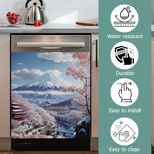 Image of Dishwasher Cover,Fuji Mountain Reusable Dishwasher Magnet Cover,Decorative Pink Cherry Blossom Magnetic Refrigerator Cover Front Panel Cover for Kitchen Decor 23x26 Inch