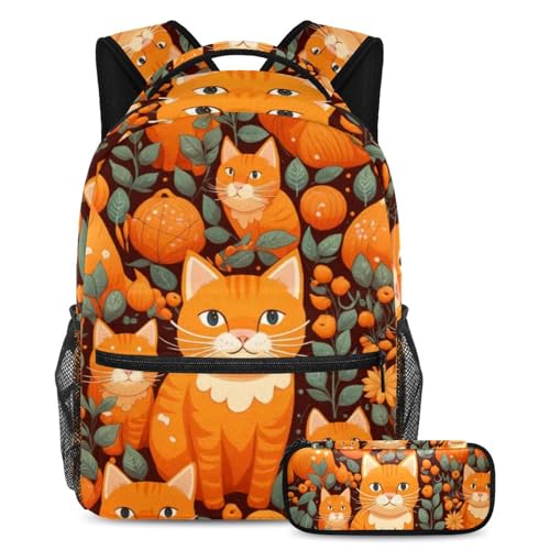 Sac à dos chat orange de grande capacité avec sa trousse assortie pour l'école