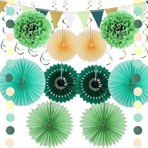 Decoración de fiesta verde, decoración de fiesta con flores de abanico de papel, flores de bolas de papel, banderas de dibujo, decoraciones en espiral, decoración reutilizable para fiestas de jardín,
