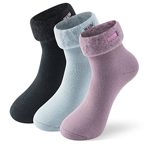 Women's Winter Warm Slipper Socks,Suttos Thermal Thick Cushion Cute Calf Crew Socks 1/3/5 Pairs Pack, 3 Pairs-white/Blue/Purple, One Size