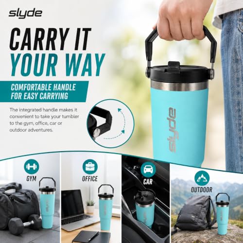 Image of Slyde 900ml Stainless Steel Insulated Tumbler with Handle & Flip Straw Lid | Double Wall Vacuum Flask | Hot & Cold Water Bottle | Leakproof Travel Mug | BPA Free Aqua Blue