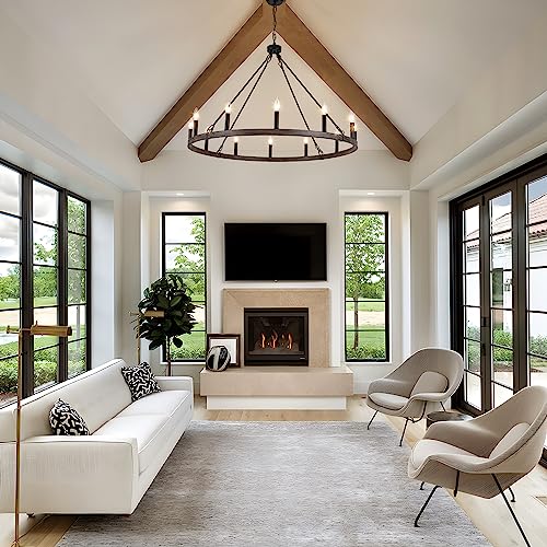 37.9" Wagon Wheel Chandelier For Dining Room, Black Farmhouse Chandelier 12 Lights Round Pendant Light, Large Rustic Vintage Chandelier Hanging Light Fixtures For Country Kitchen Bedroom Hallway #TOP7