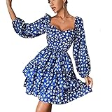 Característica: este mini vestido de manga larga tiene escote corazón, cintura alta, manga larga de linterna, estampado floral boho, volantes escalonados, por encima de la rodilla, en capas, una línea, vestido corto fluido con swing informal