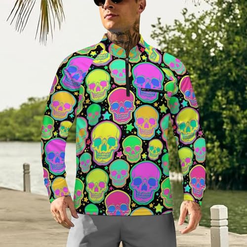 Bright Psychedelic Skulls Men's Rash Guard Long Sleeves Quick Dry Fishing Workout Shirts with Zipper2