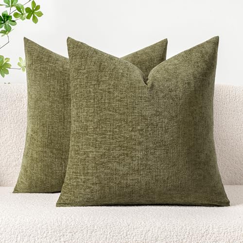 Image of MIULEE Pack of 2 Couch Throw Pillow Covers 18x18 Inch Soft Olive Green Chenille Pillow Covers for Sofa Living Room Solid Dyed Pillow Cases