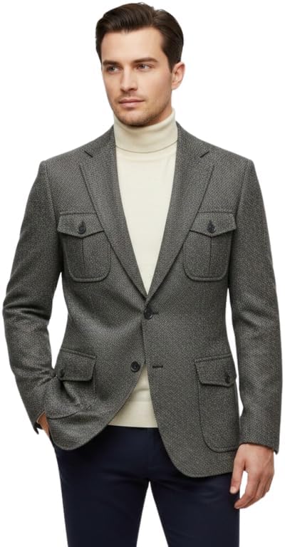 Mens Tweed Suit Jacket 2 Button Notch Lapel Blazer with Flap Patch Pockets Casual Coat for Fall Winter