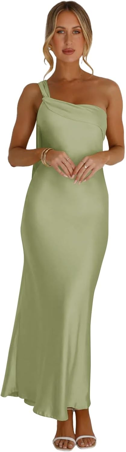 One Shoulder Wedding Guest Dress Fall Satin Midi Dress Bridesmaid Dresses Ruffle Ankle Length Formal Party Gowns