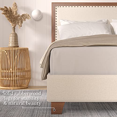 Dg Casa Gabriel Queen Upholstered Platform Bed Frame, Chic Nailhead Boarder, Walnut Color Finish, Solid Rubberwood, Timeless Design, Wooden Slat Support System, Mitered Corners, Cream #TOP5