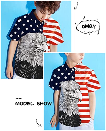 Uideazone Boys American Flag Hawaiian Shirts 4Th Of July Button Down Shirt 3D Eagle Stripes Printed Short Seelve Aloha Patriotic Tops For Kids 7-8 Years #TOP4