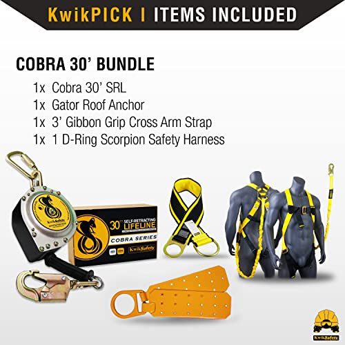 Image of KwikSafety - Charlotte, NC - Cobra 30' Bundle [Cable Self Retracting Lifeline + 3FT Cross Arm Strap + Roof Anchor + 3 D-Ring Safety Harness] ANSI OSHA Class 1 Retractable SRL Fall Arrest PPE