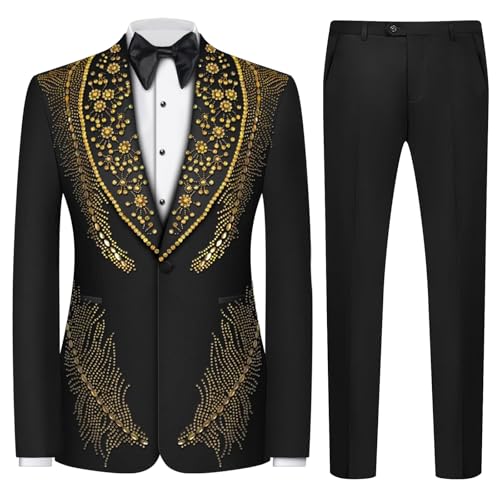 Men's 2 Piece Suit One Button Single Breasted Slim Fit Party Blazer Beaded Prom Wedding Suits Pants Set for Men