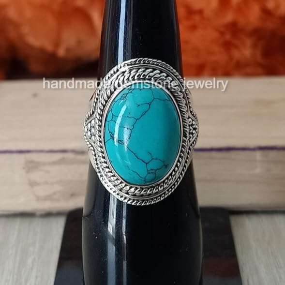 Turquoise Oval Stone Ring - Boho Vintage Cabochon Statement Ring, Perfect for Promise, Meditation, or a Thoughtful Valentine's Gift