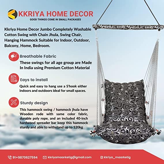 Kkriya Home Decor Cotton Hanging Swing | Swing for Adult | Balcony |Indoor |Outdoor with Weight Capacity 150kg. Made in India 1