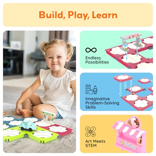 Image of PicassoTiles 85pc Race Car Track Construction Builder Set with Rotating Reversible Tracks Dinosaur Vehicle Road Signs Buildings and Accessories STEM Learning Pretend Play Racing Fun Kids Ages 3+ PTR22