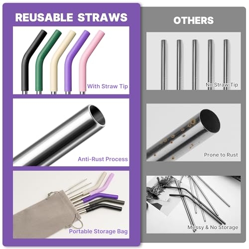Image of 40 oz Metal Straw for Stanley Cup,Simple Modern, Meoky Tumbler, 5 Pcs Reusable Stainless Steel Straws with Silicone Tip, Replacement Straws for 40oz Tumblers, Cleaning Brush, 1 Portable Bag
