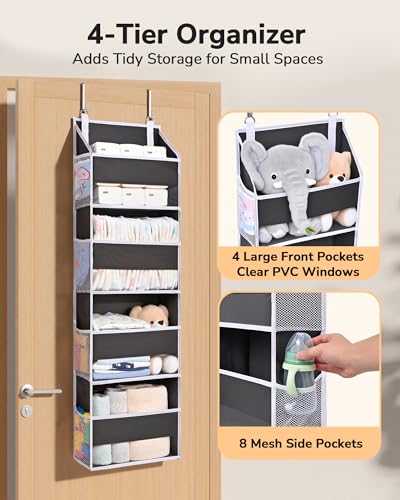 Image of ULG 2 Pack Small Over Door Organizer with 4 Large Pockets 8 Mesh Side Pockets, Hanging Storage Organizer with Clear Window Kids Toys Deep Gray