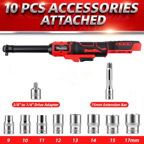 Upgraded 3/8" Cordless Ratchet Wrench Compatible with Milwaukee 18V Battery, 6.3 Inch Head Reinforced, 88Ft-Lbs Max Torque,0-500RPM Variable Speed,R&F Switch,10 Accessories (Socket, Extension Bar) by XunDong - Image 9
