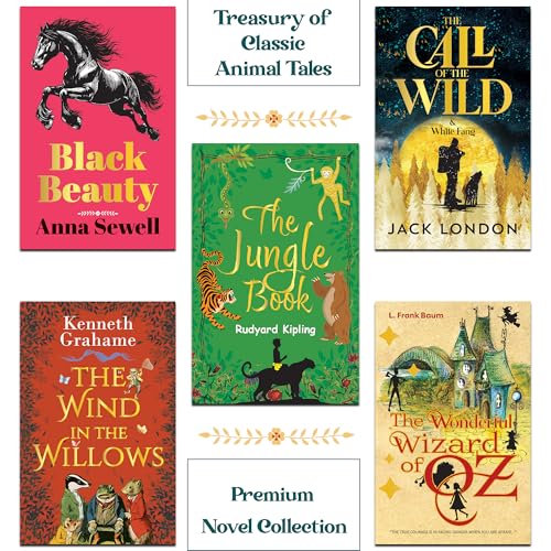 Image of Treasury of Classic Animal Tales | Box Set of 5 Unabridged Animal Novels: The Jungle Book, Black Beauty, Wizard of Oz, Wind in the Willows, Call of the Wild & White Fang | Gift for Kids & Adults