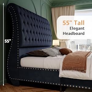 Jocisland king size bed frame velvet upholstered platform sleigh bed with scroll headboard footboard button tufted no box spring needed black  urban country home decor