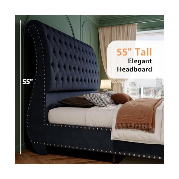 Jocisland king size bed frame velvet upholstered platform sleigh bed with scroll headboard footboard button tufted no box spring needed black  urban country home decor