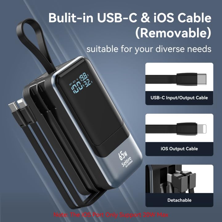 65W Power Bank for Laptop, 18400mAh Fast Charging Portable Charger, Battery Pack with Dual Built-in USB-C & Lightning Cables, LCD Display Travel Chargers for MacBook/Dell XPS/iPad/iPhone 15/Samsung - image 2