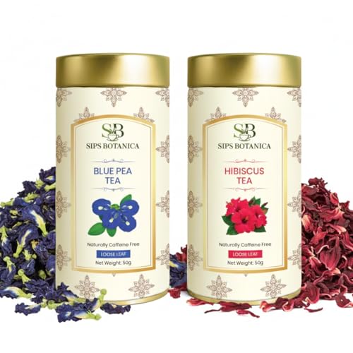 SIPS BOTANICA Hibiscus Loose Petal Tea And Aparajita Flower Tea | 50 Grams Each Premium Quality Flower Petals | Served Hot Iced Tea Cocktails Or Mocktails