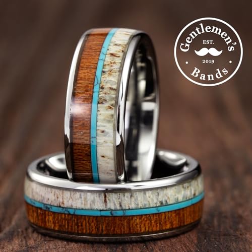 Men's Silver Tungsten Carbide Wedding Band - Premium Tungsten Ring With Turquoise, Deer Antler & Koa Wood Inlay - Includes Silicone Band, Leather Drawstring Pouch, & Luxury Walnut Box3