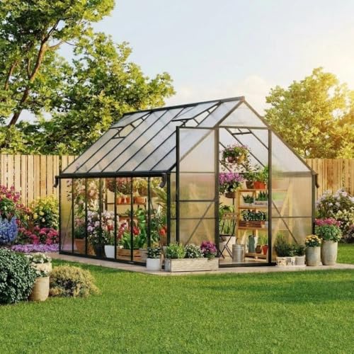 CABIHOME 8x14 ft Outdoor Greenhouse Kit, Heavy Duty Polycarbonate Greenhouse with Reinforced Aluminum Frame, Adjustable Roof Vent, Lockable Door & Quick-Connect System for All Seasons