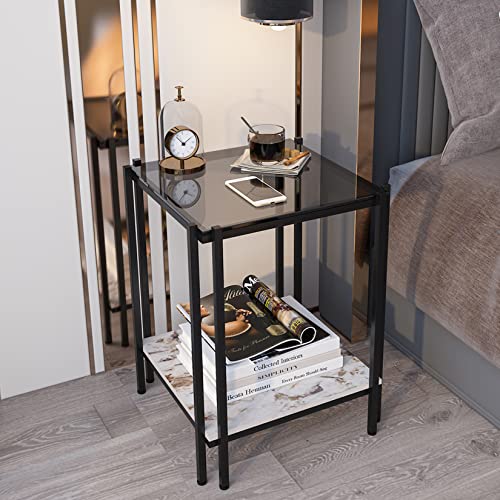 Artloge 2 Tier Square End Table: Modern Nightstand With Grey Tempered Glass Top And Luxury Sintered Stone Low Shelf, 21.6 Inch Tall Black Metal Frame Sofa Accent Side Desk For Livingroom #TOP15