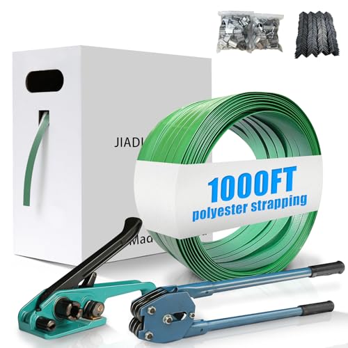 Heavy Duty Banding Strapping kit Contain 5/8"x 1000' Polyester (PET) Packaging Straps &amp; 200 Metal Seals 100 Plastic Edge Protectors Tensioner with Cutter Sealer Tool
