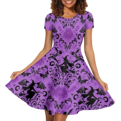 Image of POLERO Women Puffy Swing Elegant Party Midi Dresses Short Sleeve Round Neck A-Line Dress