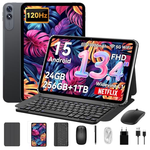 VekfulPC T60Pro Tablet 13,4 Pulgadas,Android 15 Tableta con Teclado,120Hz Display,24GB RAM + 256GB ROM,10000mAh,WideVine L1/5G WiFi/GPS/Gemini AI,Octa-Core Tablets con Lápiz,Ratón,4 años de garantía