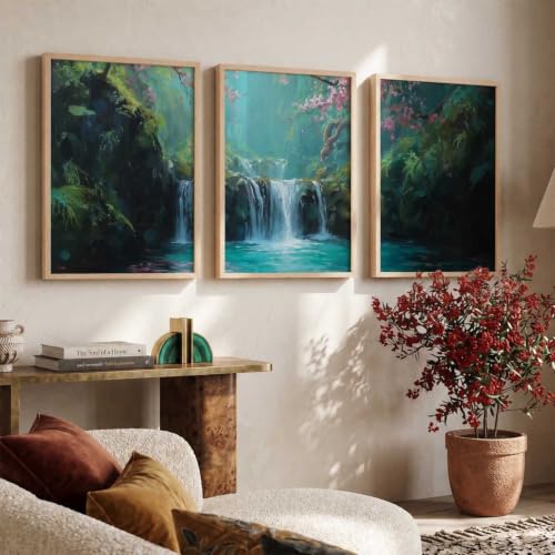 Image of kotart Abstract Nature Art Framed Paintings | Big Aesthetic Waterfall View Painting | Vastu Frames for Bedroom Living Room Wall Decor Set Of 3 (20x30 Inch)