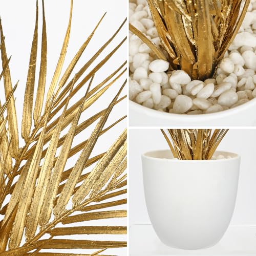 Briful Gold Christmas Centerpiece Artificial Palm Plant, 14.2’’ Faux Golden Leaf in White Pot, Holiday Table Decorations, Glitter Tabletop Décor for Home, Wedding, Office, New Year & Year-Round - Image 5