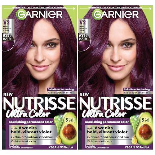 Garnier Nutrisse Ultra Color Hair Color, Permanent Hair Dye for Up to 8 Weeks of Bold, Vibrant, Fade-Resistant Results, Vegan & Cruelty-Free, V2 Dark Intense Violet (Spiced Plum), 2 Count