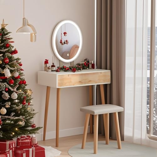 YU YUSING Tocador de Maquillaje con Luz y Taburete Tapizado, Tocador de Dormitorio con 2 Cajones, Espejo LED 3 Colores, Iluminación Regulable, Mesa de Maquillaje para Escritorio, Vestidor