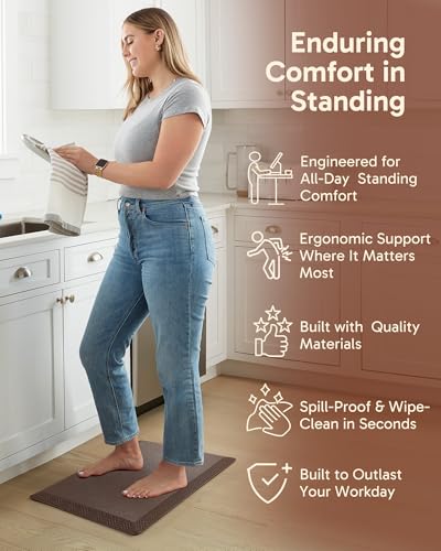 Image of Ophanie Kitchen Mats for Floor, 3 /4 inch Thick, 17x24 Anti Fatigue Cushioned Mat, Kitchen Rugs, Waterproof, Comfort Ergonomic Standing Mat for Office, Home, Sink, Brown Non-Slip Ridged Bottom