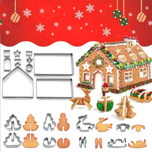 Repostería Y Gourmet, Home 18 cortadores de galletas de Navidad 3D para casa de pan de jengibre, juego de moldes para cortar galletas, kit de casa de pan de jengibre, herramienta de...