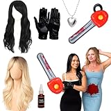 Shihanee 6 Pcs Halloween MV Love Rival Costume Golden and Black Wig Leather Gloves Inflatable Saw Silver Heart Necklace Fake Plasma for Ladies Halloween Female Killers Costume Music Dress up Party