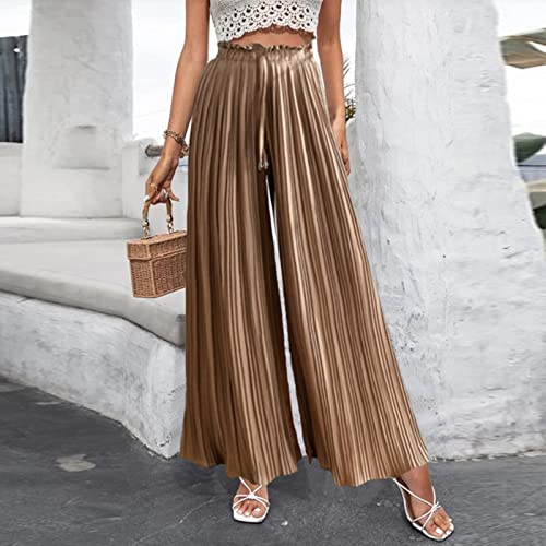 HGps8w Women's Chiffon Pants Casual Loose Elastic Waist Pleated Wide Leg Palazzo Pants with Drawstring4