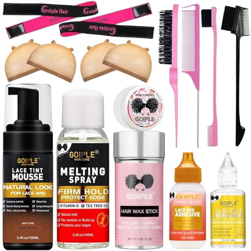 Lace Glue Kit Complete Set with Lace Tint Mousse Lace Melting Spray Wig Glue for Womens Wigs and Hairpieces - Wig Installation Kit & Tape in Extension Rmover & Cap (Dark Brown)