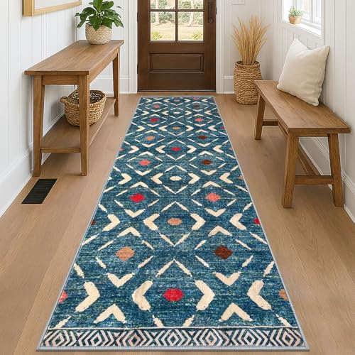 KILOCOCO Hallway Runner Rug 2.6'x8' Runners for Hallways Washable Runner Soft Non Slip Printed Geometric Low-Pile Rugs Runners for Bedroom Kitchen Living Room Boho Rugs, Teal/Blue