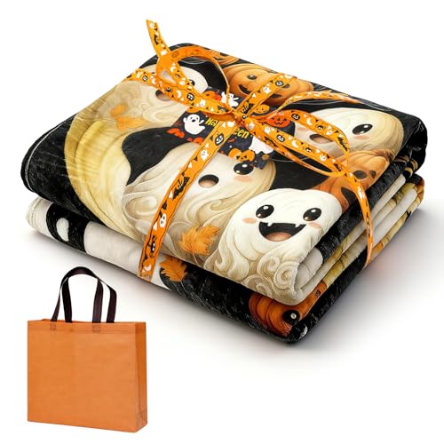 Nlqhyrexion Halloween Decke 150x200cm Flauschig Weich - Geschenkset mit Kürbis Geister Motiv, Kuscheldecke, Beutel, Band und Karte - Perfekt für Sofa, Bett und Dekor