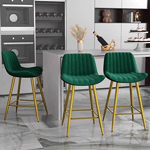 Sucrever Bar Stools Set Of 4, 24" Bar Chairs Velvet Counter Height Bar Stools With Back Gold Metal Legs&Footrest, Green Modern Bar Stools Barstools For Kitchen Counter Bistro Pub #TOP6