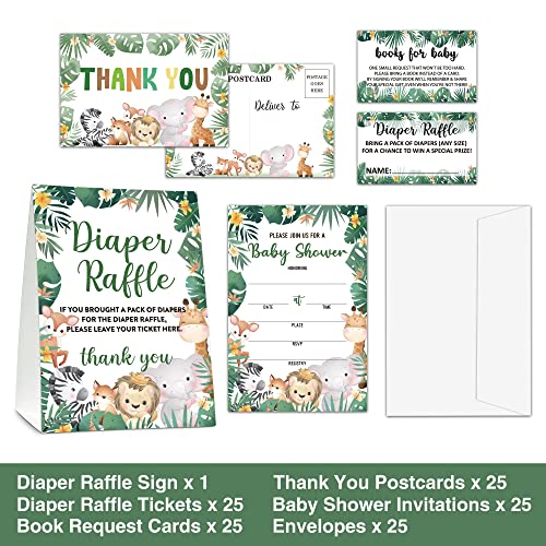 Baby Shower Cards Kit - Safari Jungle Set Of 25 Baby Shower Invitations With Envelopes, Diaper Raffle Sign & Tickets, Thank You Postcards, Book Request Cards For Baby Shower - Wild Animal Baby Shower Party Favor Decoration(06) #TOP1