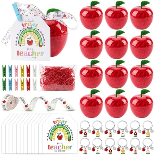 12 Sets Plastic Apple Containers Teacher Appreciation Apple Container Gifts Large apple Shaped Candy Jars Treat Boxes with Cards Ribbon Raffia Keychains for Teachers Back to School Party Decorations